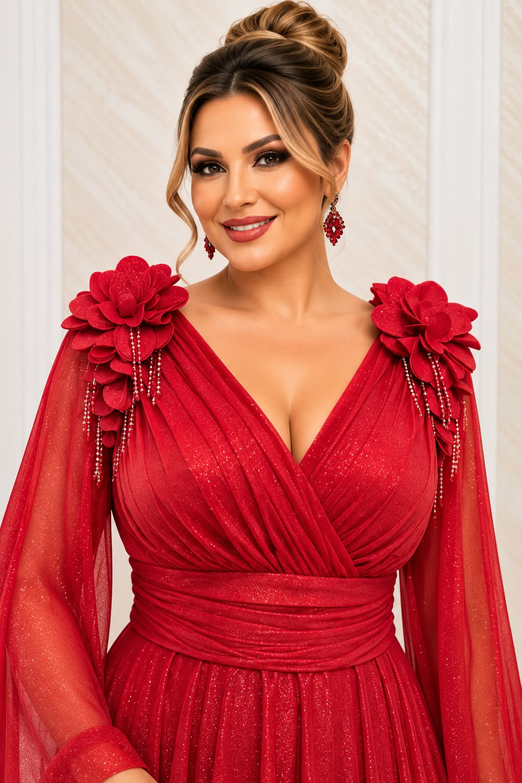 Rochia Amore -Rochie lunga de ocazie din voal cu maneci vaporoase si efect de flatare a siluetei