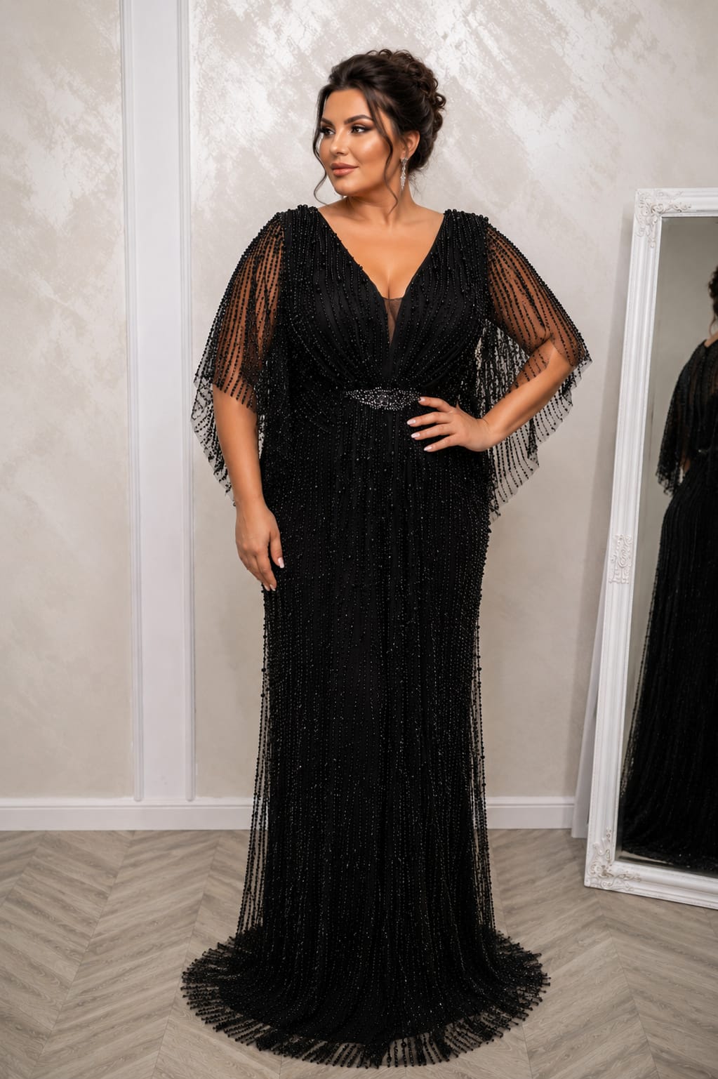 Rochia Favana  New– Rochie lunga luxurianta cu perle disponibila in doua culori pentru masuri plus size