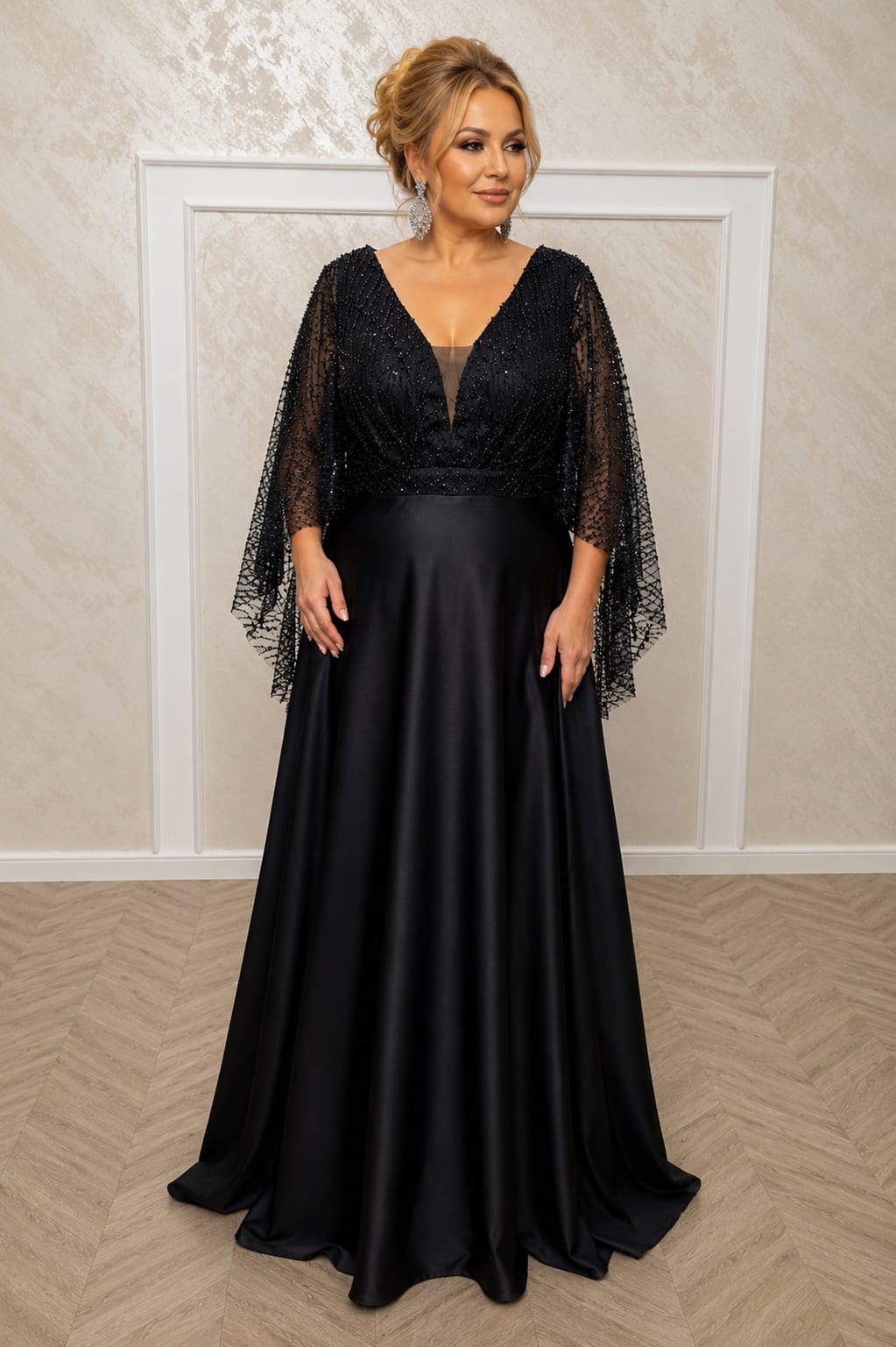 Rochia Luxo - Rochie lunga din satin si maneci fluide din dantela disponibile in mai multe nuante
