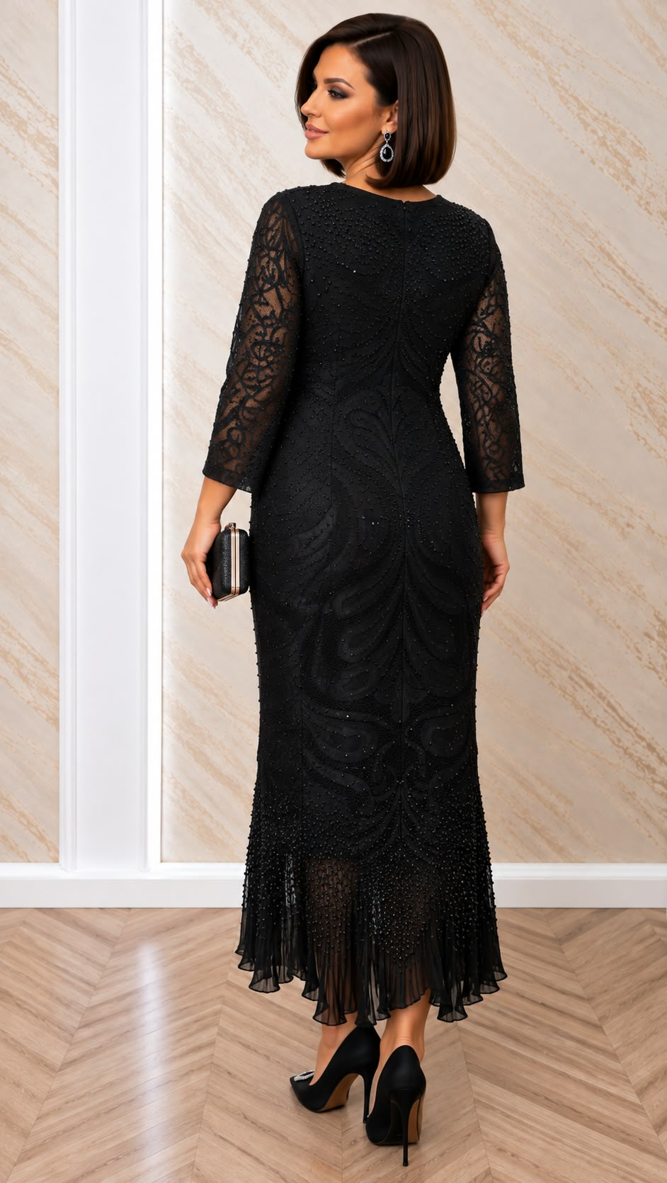 Rochie Marika midi din dantela cu maneci – bleumarin, negru si purpuriu