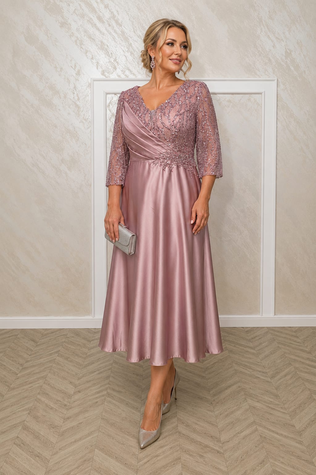 Rochia Lucia Midi - Rochie lungime midi cu maneci din dantela, roz pal, auriu sau capuccino