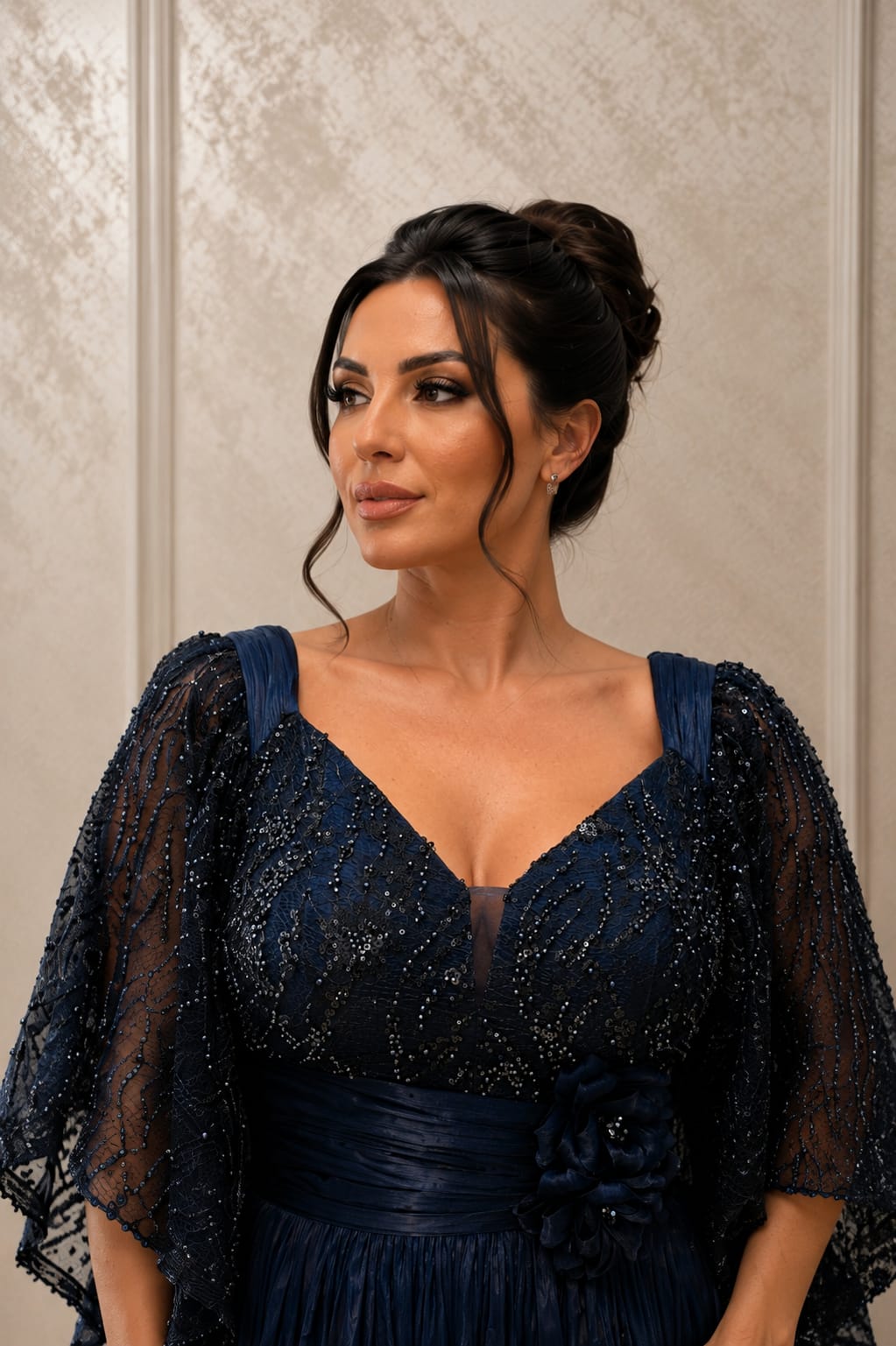 Rochie Elegantă Nuance – Rochie din matase arificiala si dantela cu maneci supradimensionate dar vaporoase. Ediție Limitata