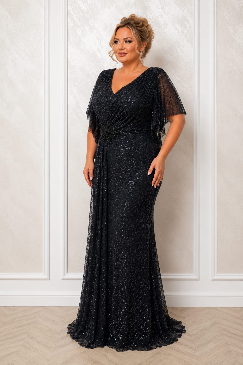 Rochia Sola – Rochie Lunga de Seara Plus Size din Dantela cu Drapaje Elegante | Eleganta si Confort pentru Evenimente Speciale