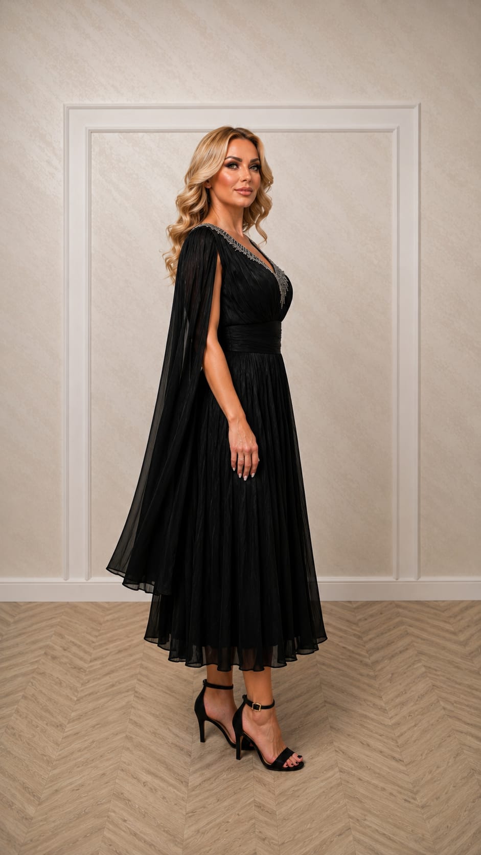 Rochia Piamor – Rochie midi eleganta din matase artificiala fluida cu maneci tip esarfa