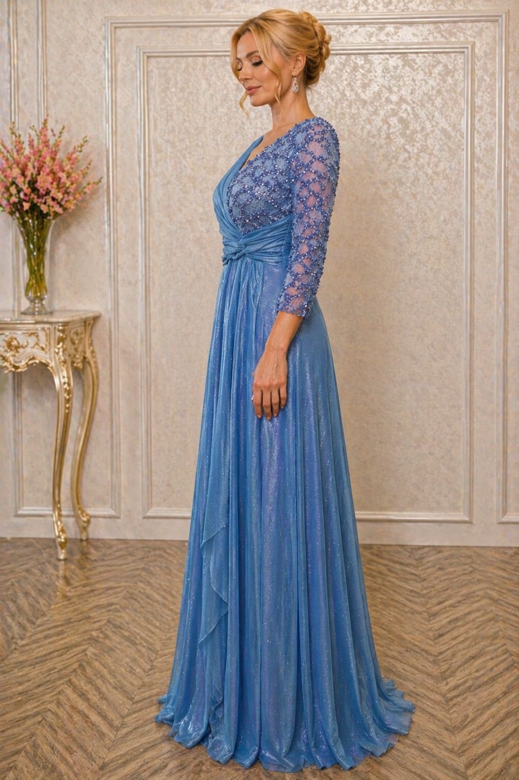 Rochie Bella Lux Eleganta din Voal Sclipitor – Maneci 3/4, Croiala Fluida, Efect de Subtiere