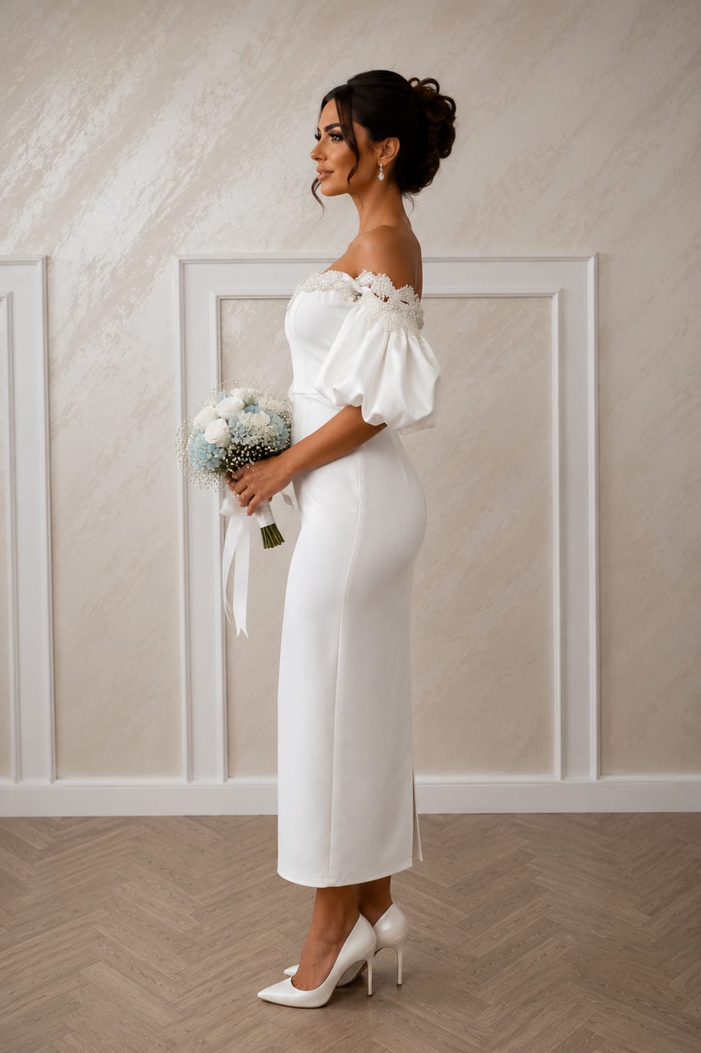 Rochia Pearl Elegance –Rochie de stare civila midi alba cu perle si maneci bufante