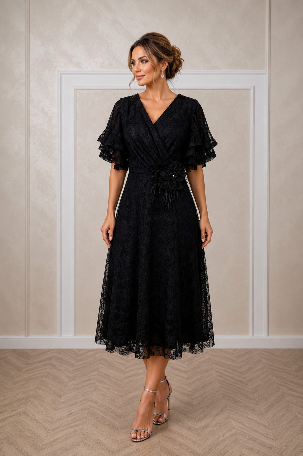 Rochia LOVE Midi - rochie lungime midi din dantela  cu maneci vaporoase