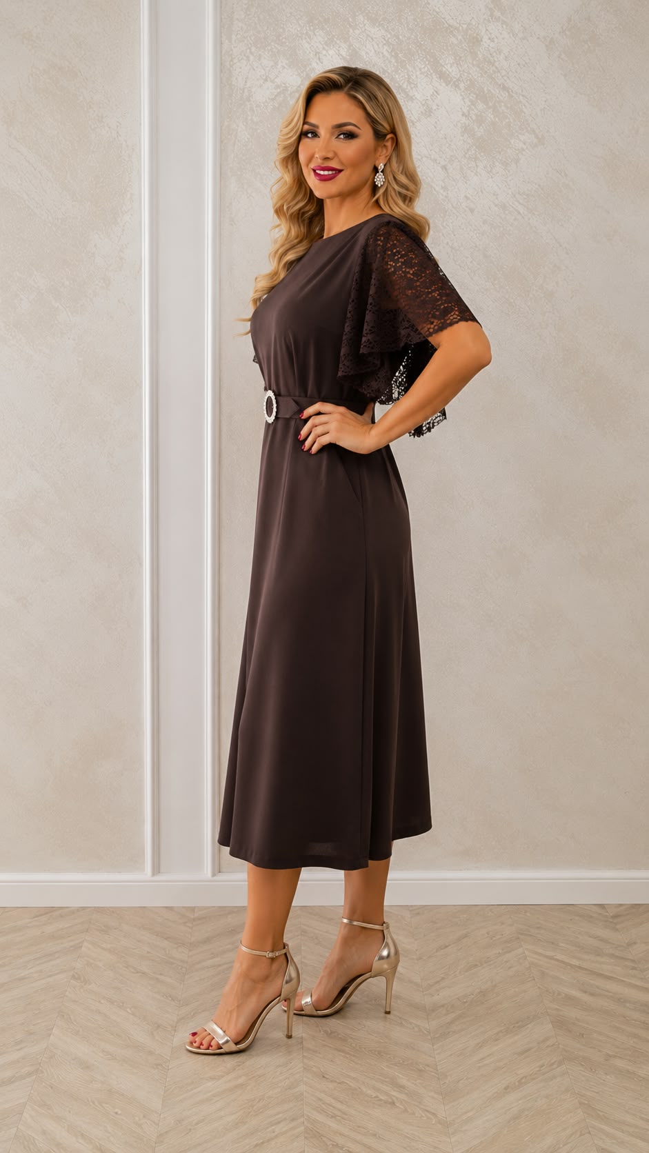 Rochia Marimar – rochie eleganta din stofa cu maneci din dantela disponibila in trei culori