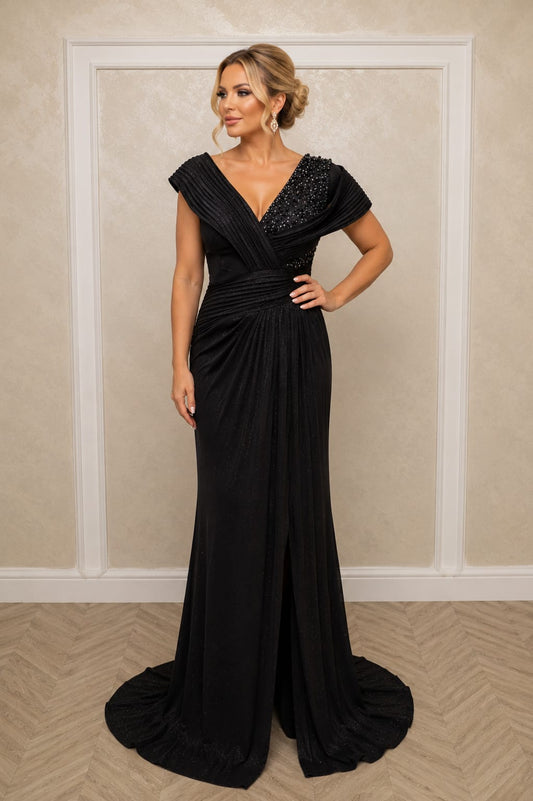 Rochia Paula – Rochie pentru evenimente neagra sau ciocolatiu  din material elastic cu drapaje elegante si detalii straucitoare