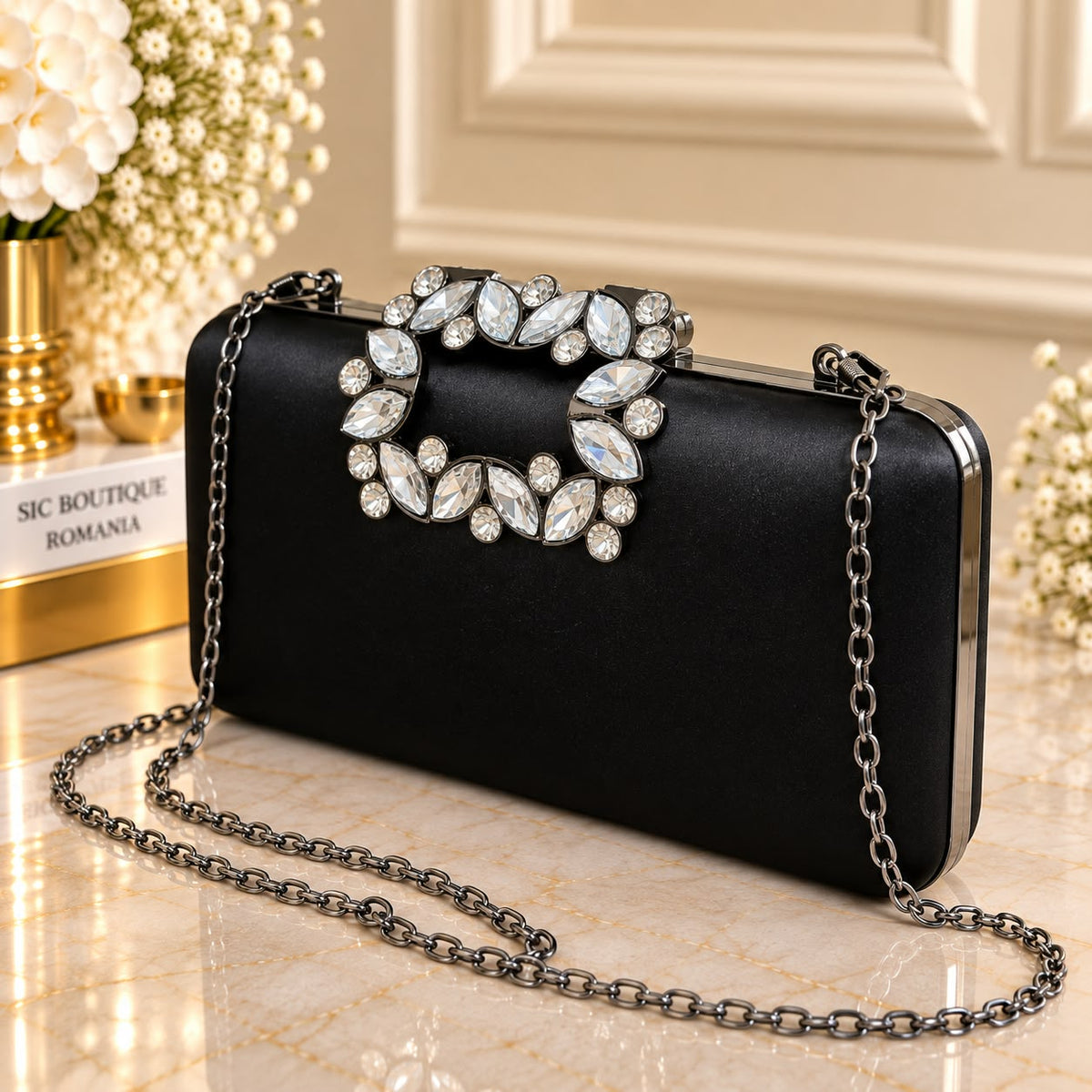 Geanta Clutch dama aspect satinat cod 1113 cu Cristale – Plic de Ocazie