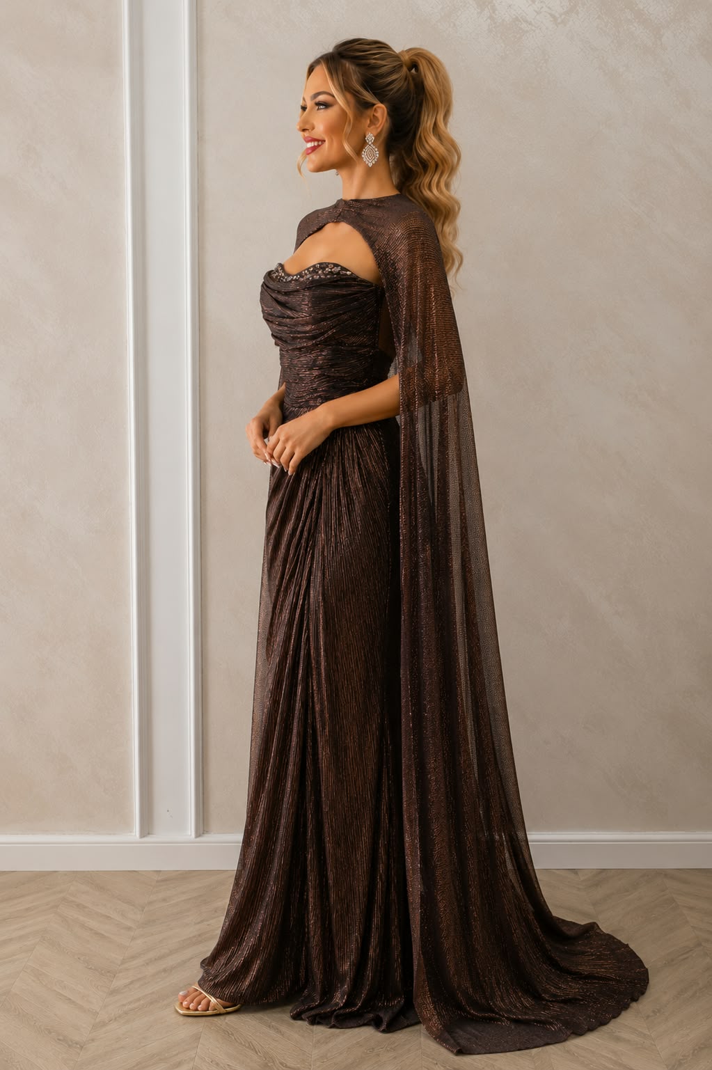 Rochie lunga eleganta Melinda ciocolatie cu capa detasabila
