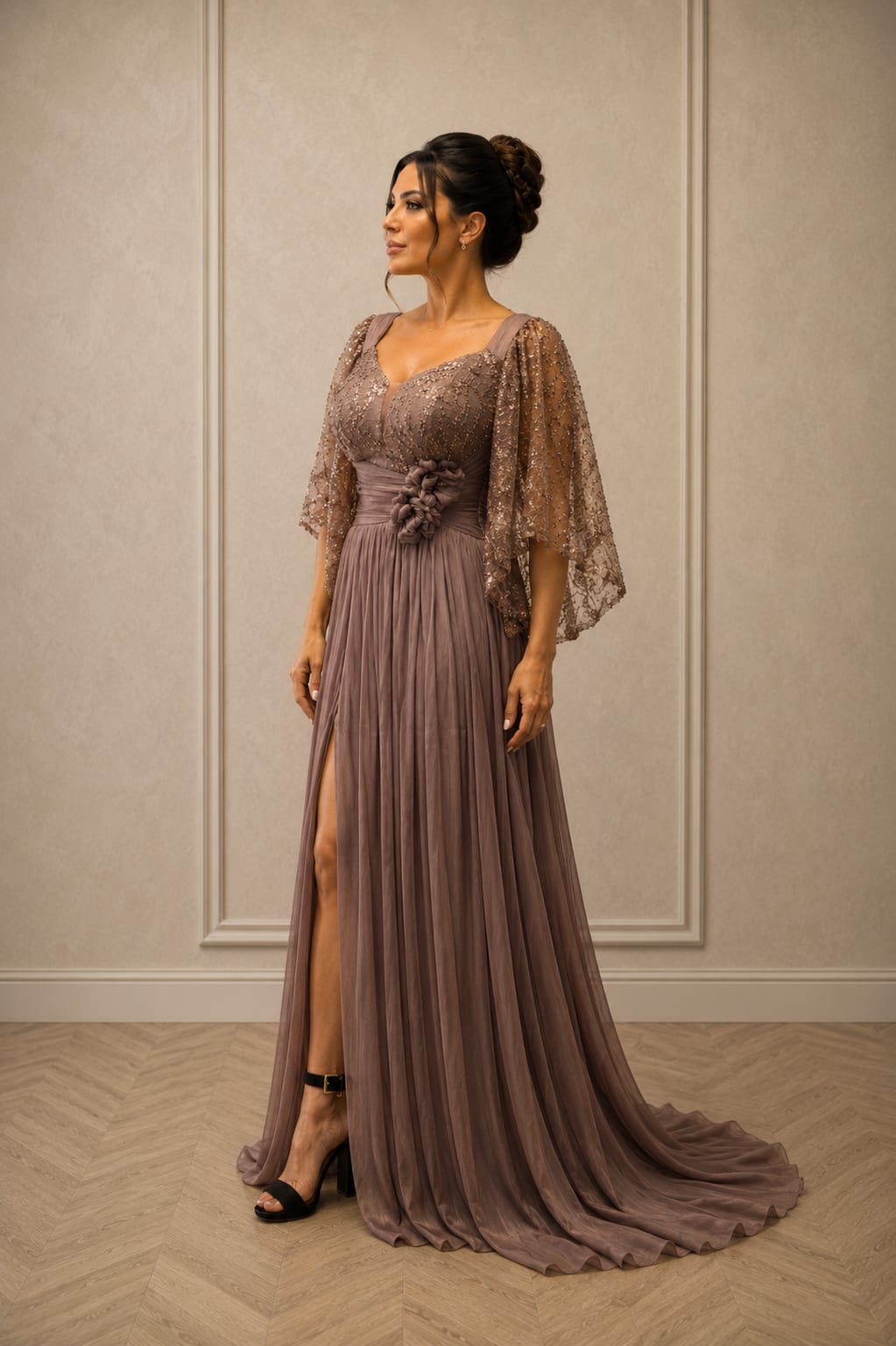 Rochie Elegantă Nuance – Rochie din matase arificiala si dantela cu maneci supradimensionate dar vaporoase. Ediție Limitata