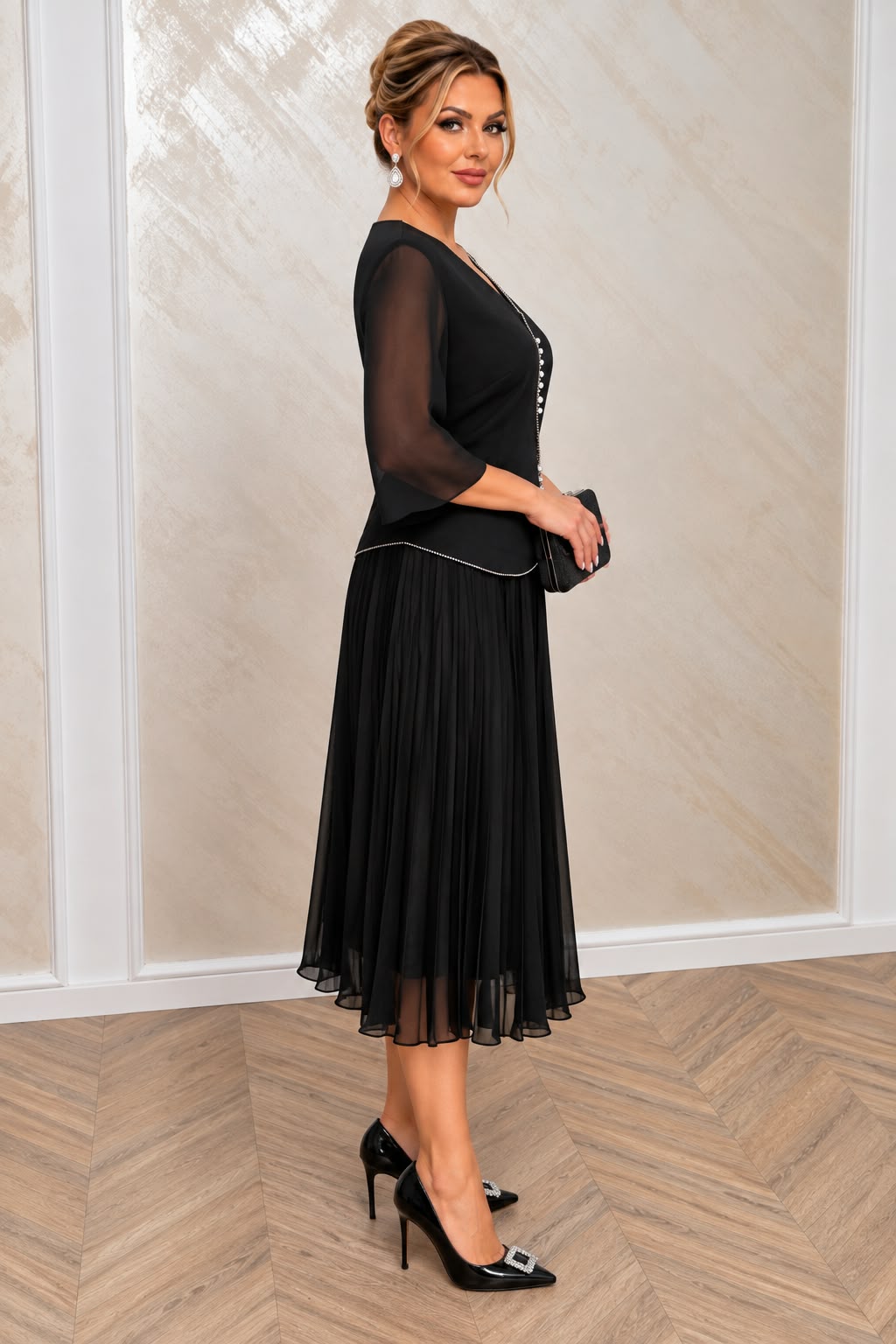 Rochie eleganta midi Vals din voal plisat cu maneci fluide
