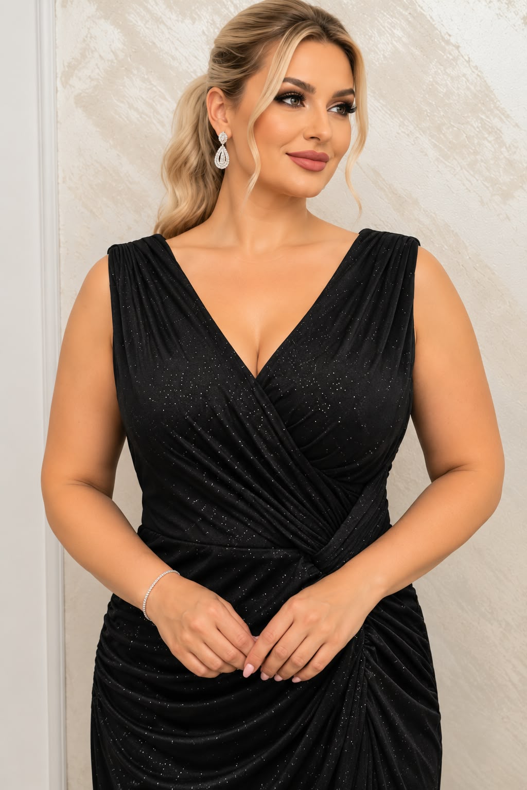 Rochie Zalia - rochie neagra lunga din lurex elastic cu drapaje