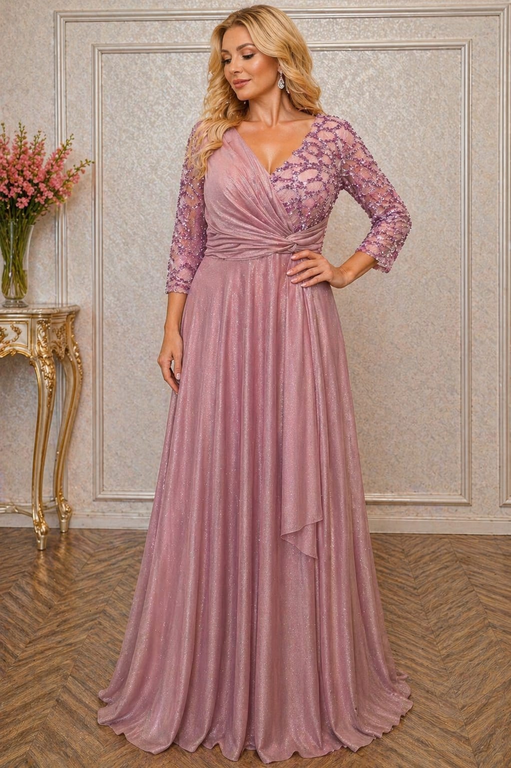 Rochie Bella Lux Eleganta din Voal Sclipitor – Maneci 3/4, Croiala Fluida, Efect de Subtiere