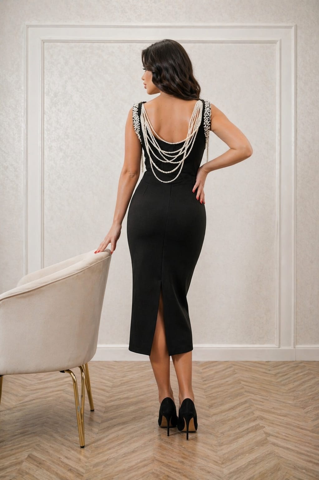 Rochia Anda - rochie midi neagra eleganta cu perle