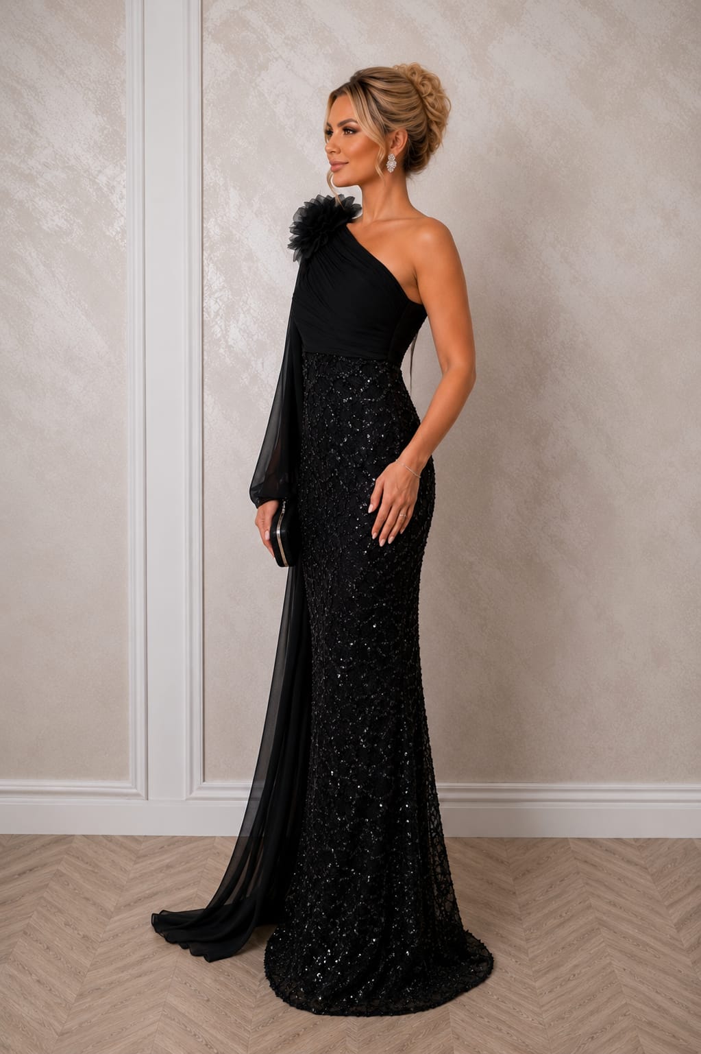 Rochia Elegance - rochie lunga neagra sau verde oliv-auriu couture cu paiete, esarfa si detalii premium. Perfecta pentru evenimente speciale
