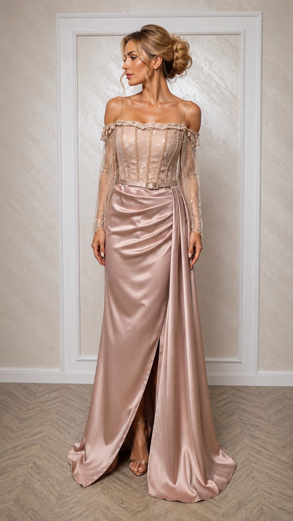 Rochia Ladonna -Rochie pentru evnimente, nuanta pastel cu slit pe picior si corset reglabil