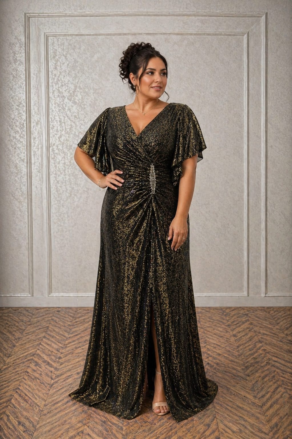 Rochie Adria – Rochie lunga eleganta cu efect metalizat, pentru siluete plus size, material usor si fluid