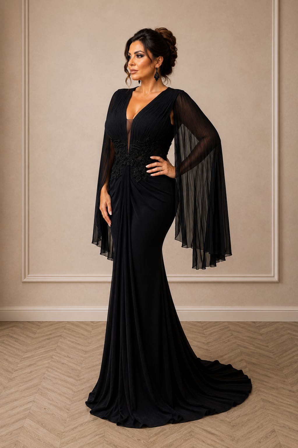 Rochia Cuore – Rochie lunga neagra usor decoltata cu maneci tip capa