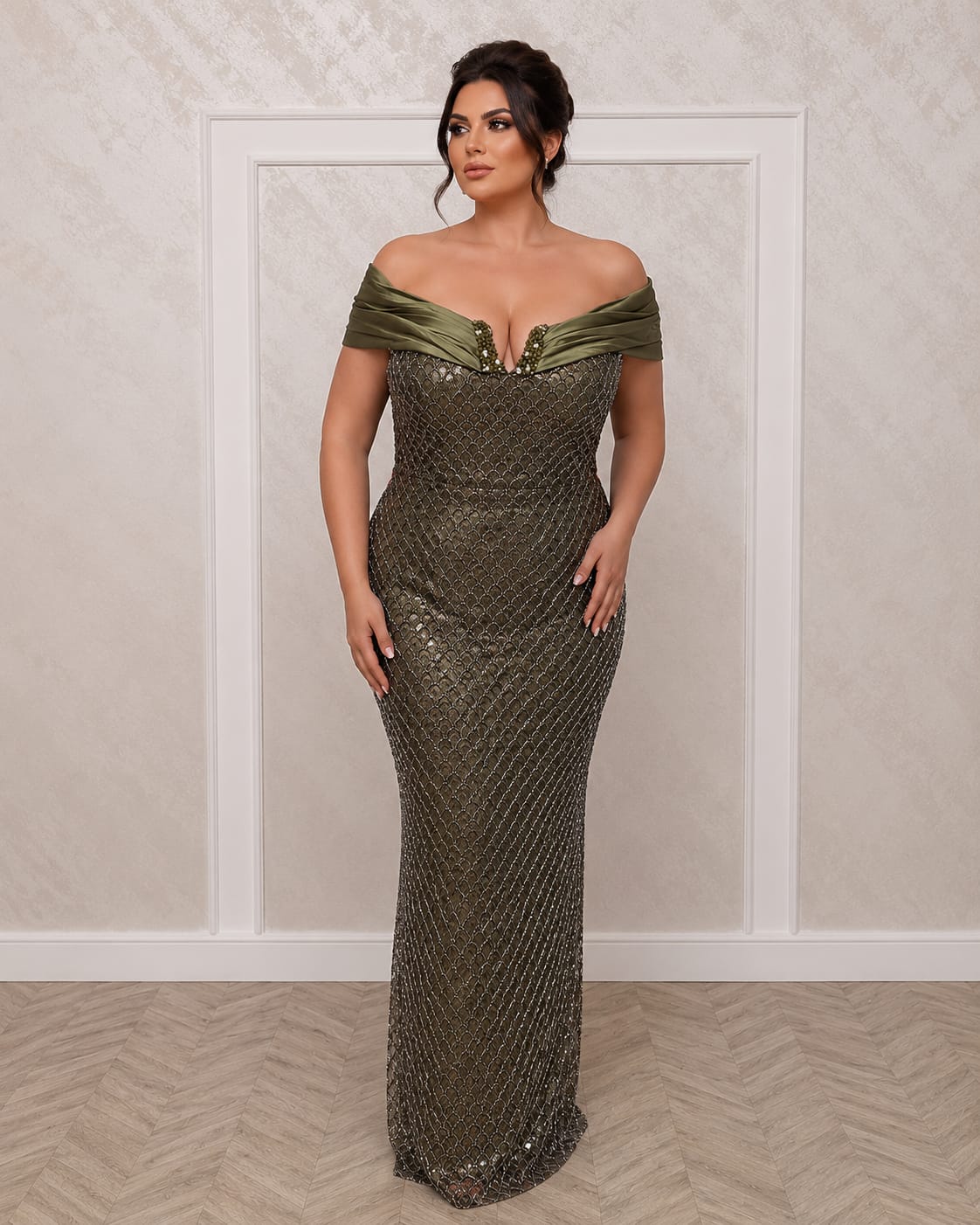 Rochia Zeila - rochie din dantela cu perle si bretele off the shoulder corset reglabil