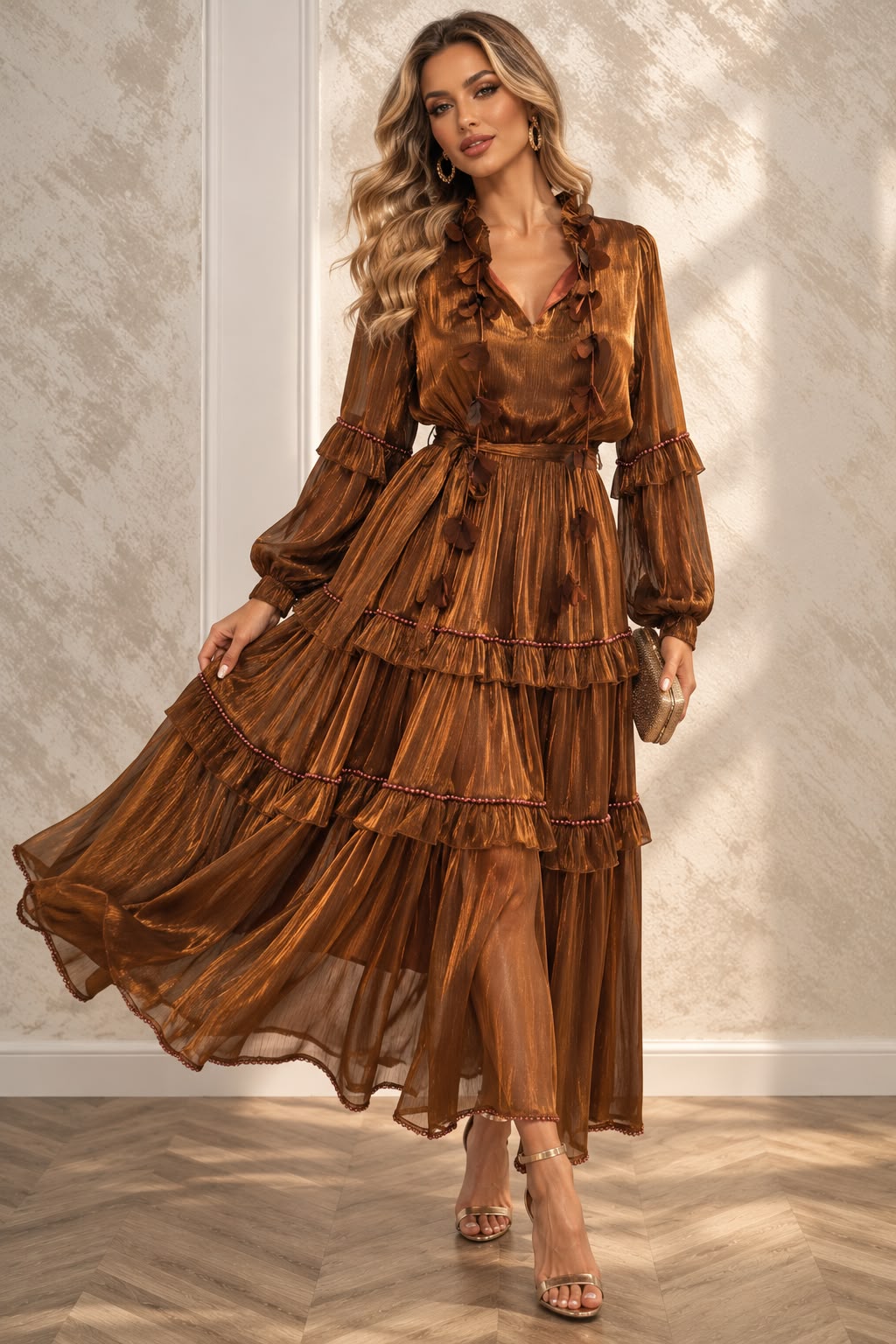 Rochia Serpil - rochie nuanta caramizie lungime midi-maxi din matase