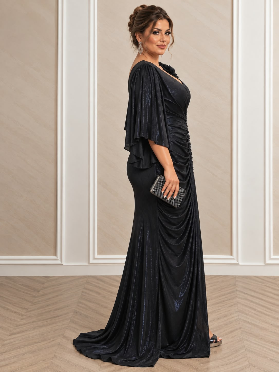 Rochie Napoli - Rochie lunga de seara plus size cu drapaje  Bleumarin Metalizat