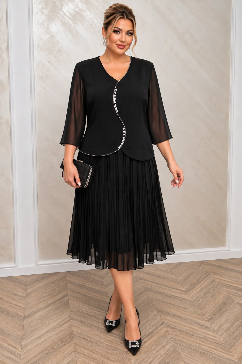 Rochie eleganta midi Vals din voal plisat cu maneci fluide