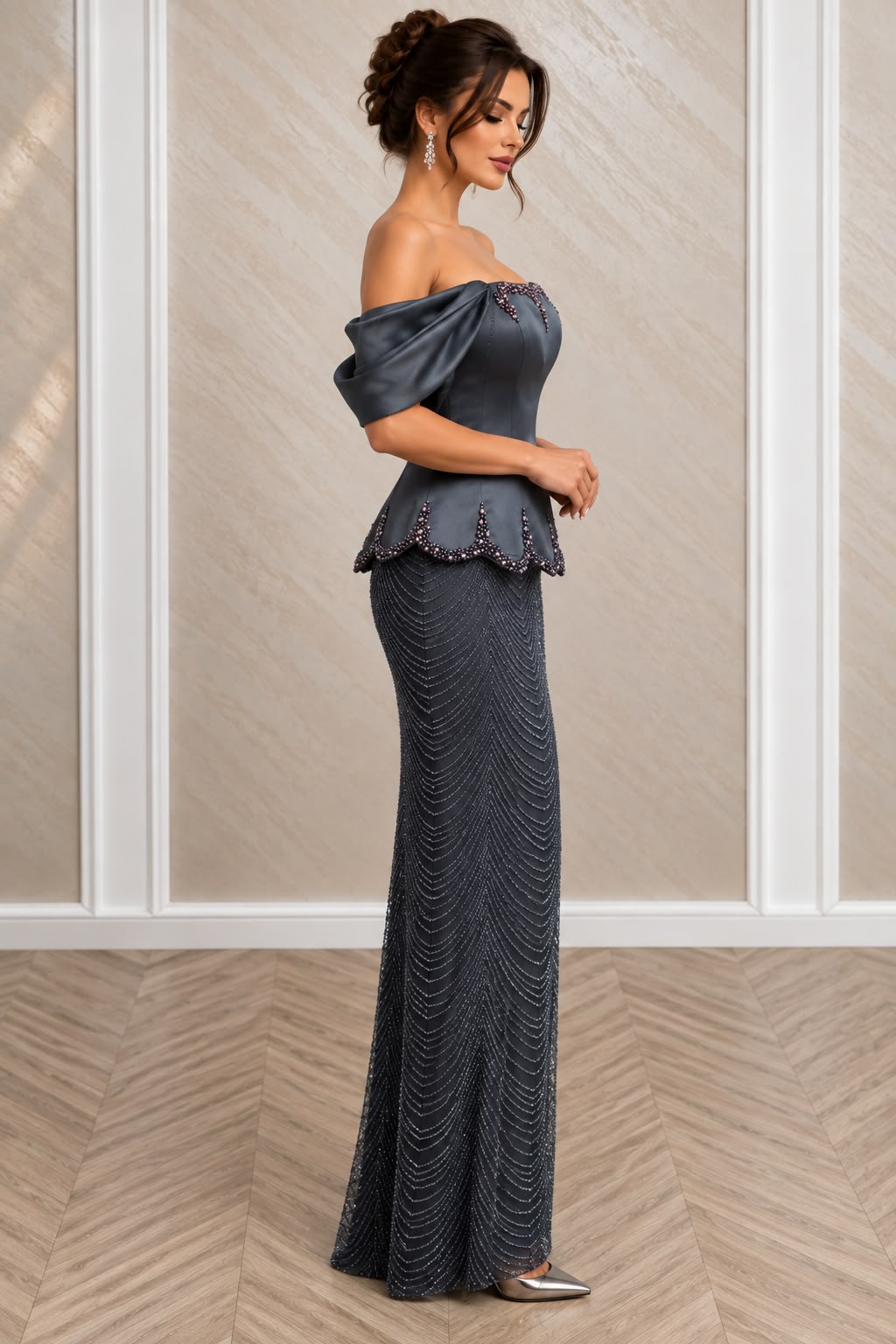 Rochie Odrelia - Rochie lunga sirena cu corset reglabil si perle - Gri