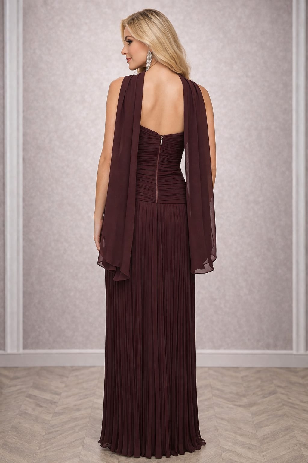 Rochia Hanelore – Rochie eleganta ciocolatie cu drapaje si aplicatii din pietre