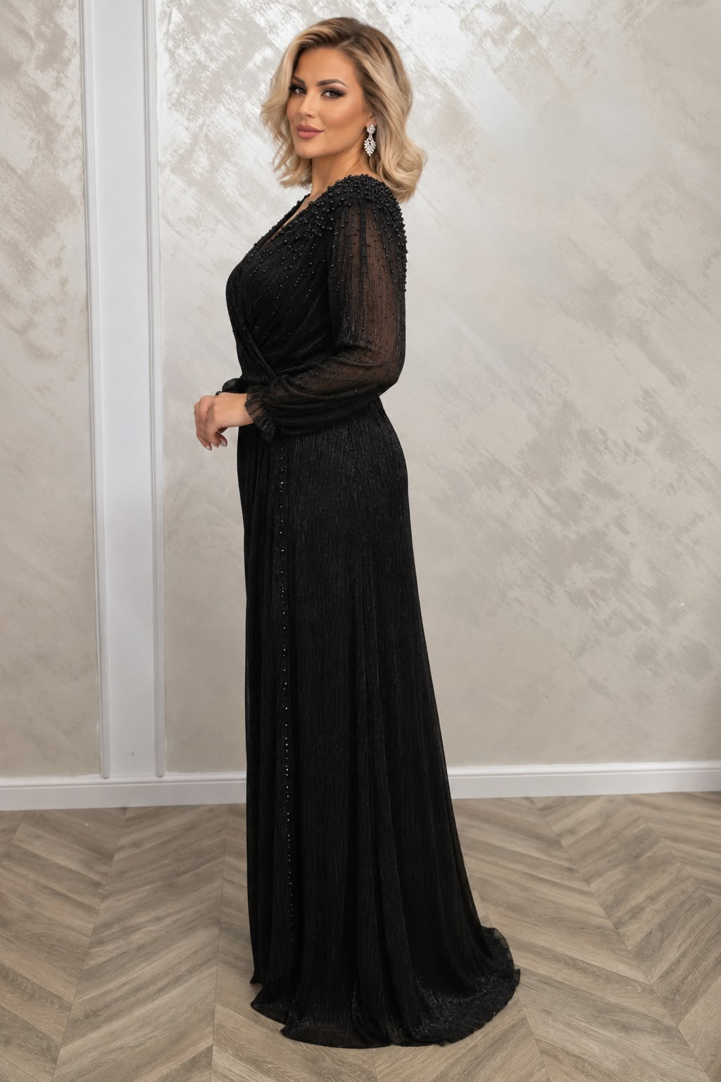 Rochie Oslo - Rochie lunga din voal peliculizat metalizat in nuante negru si ciocolatiu