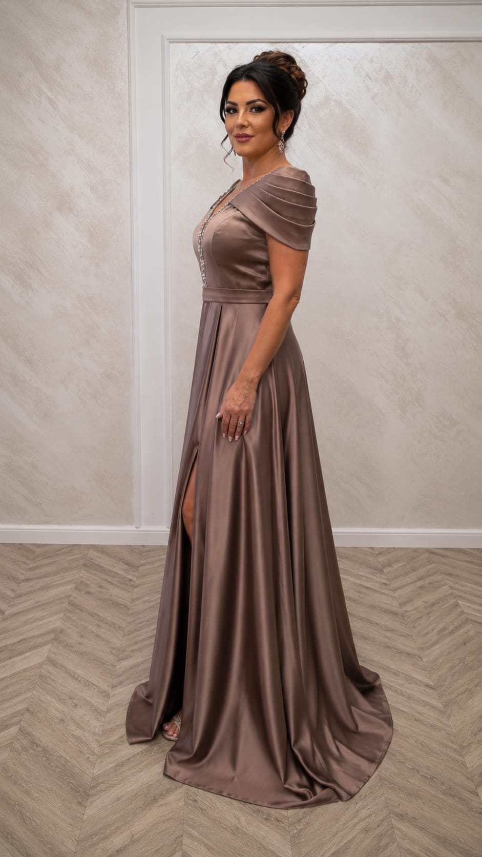 Rochia Lonicera - Rochie lunga simpla din satin cu drapaje peste brate disponibila in 3 nuante