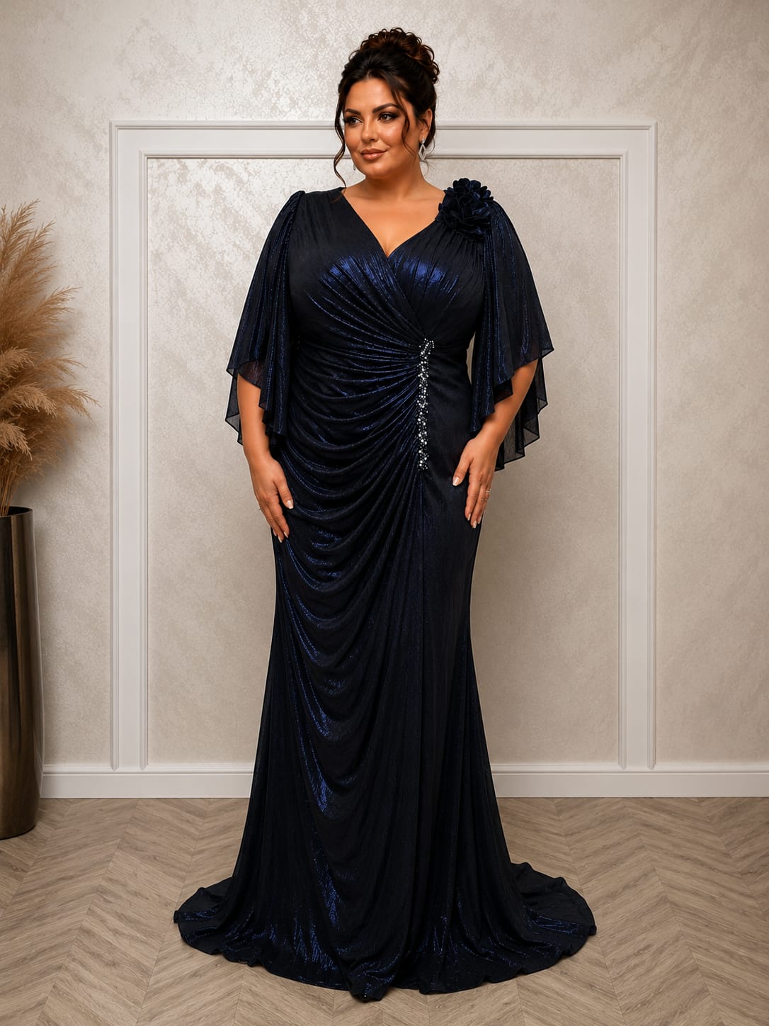 Rochie Marisa – rochie lunga material elastic cu drapaje si maneci, model care avantajaza marimile plus size