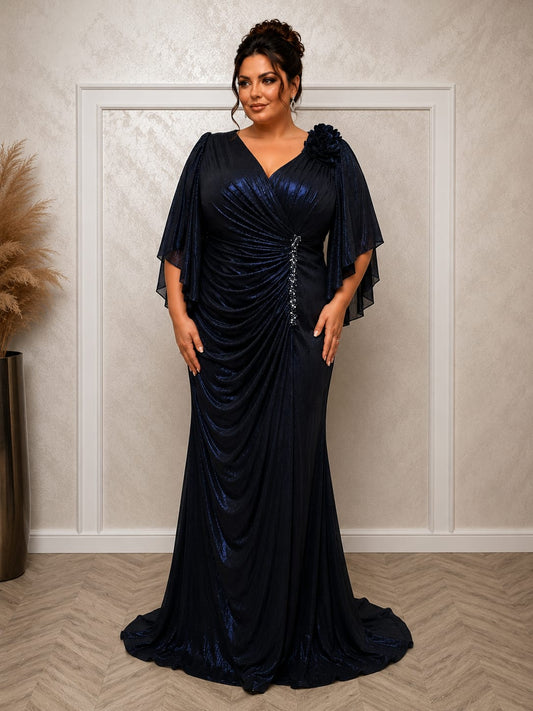 Rochie Marisa – rochie lunga material elastic cu drapaje si maneci, model care avantajaza marimile plus size