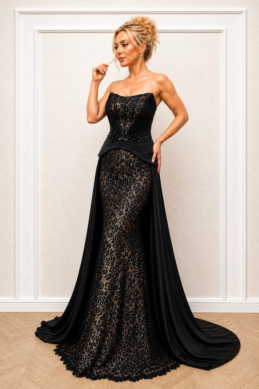 Rochia Noar Coture - rochie neagra dantelata cu corset si trena