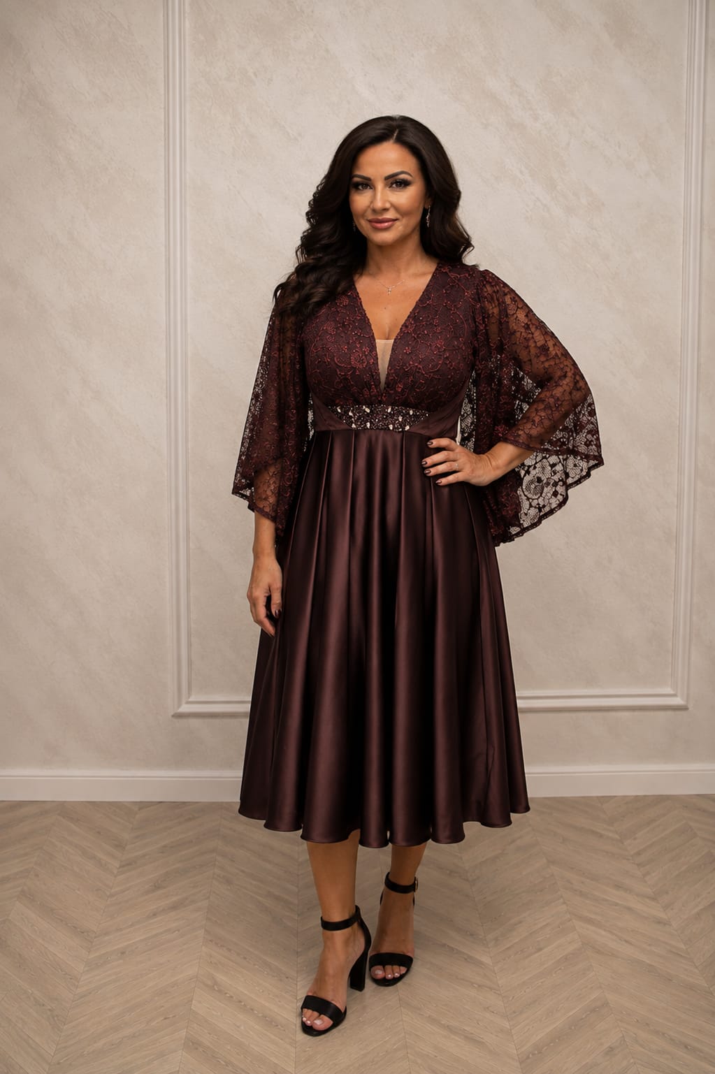 Rochia Male midi - Rochie lungime midi din satin si maneci din dantela