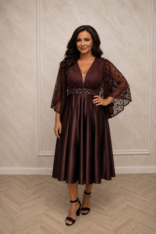 Rochia Male midi - Rochie lungime midi din satin si maneci din dantela