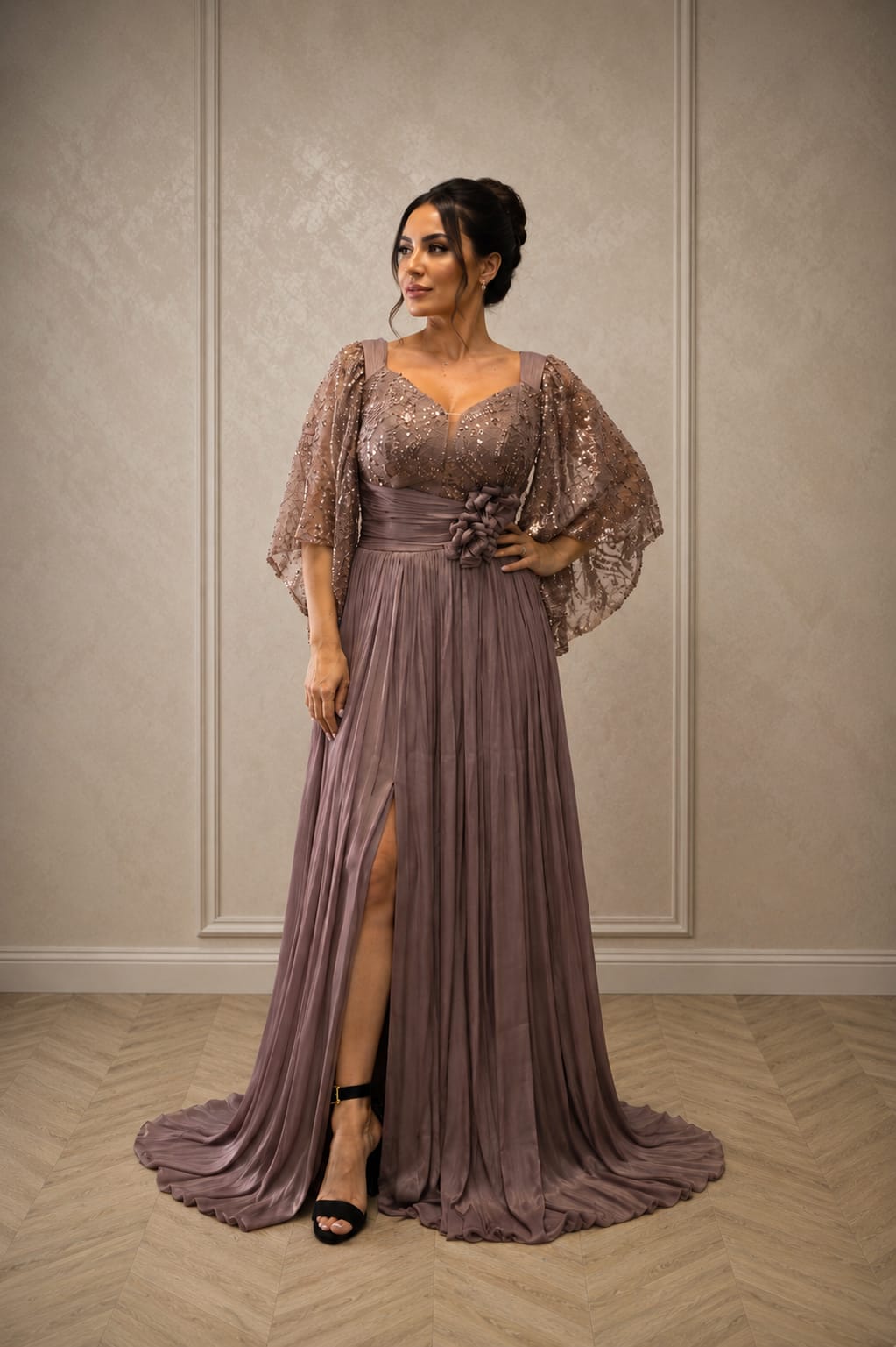 Rochie Elegantă Nuance – Rochie din matase arificiala si dantela cu maneci supradimensionate dar vaporoase. Ediție Limitata
