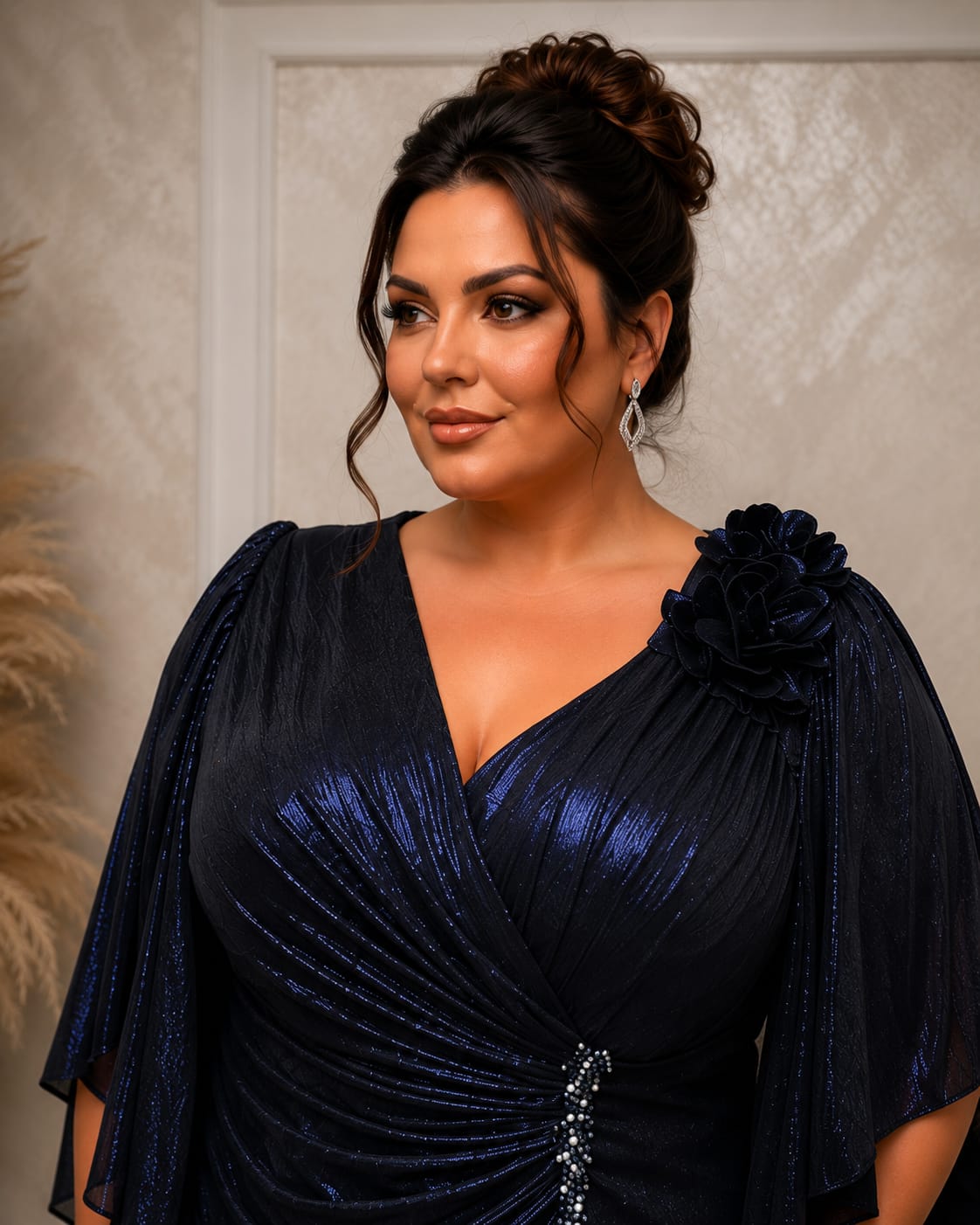 Rochie Marisa – rochie lunga material elastic cu drapaje si maneci, model care avantajaza marimile plus size