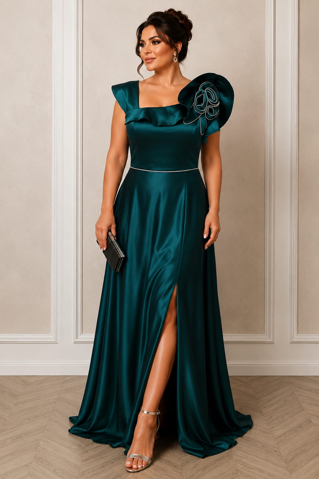 Rochia Naomi – rochie lunga pentru evenimente satin premium in nuante de verde smarald si baby blue
