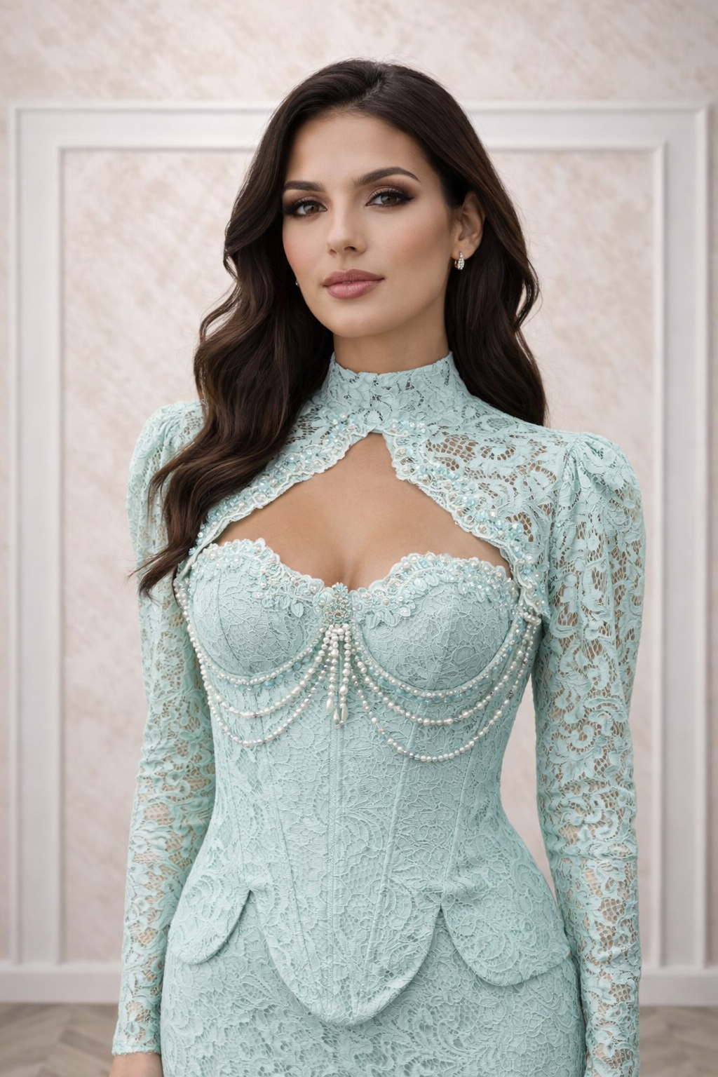 Rochia Tani rochie eleganta din dantela Chantilly cu corset si bolero detasabil verde menta