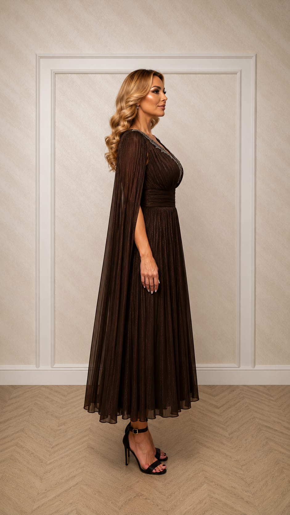 Rochia Piamor – Rochie midi eleganta din matase artificiala fluida cu maneci tip esarfa