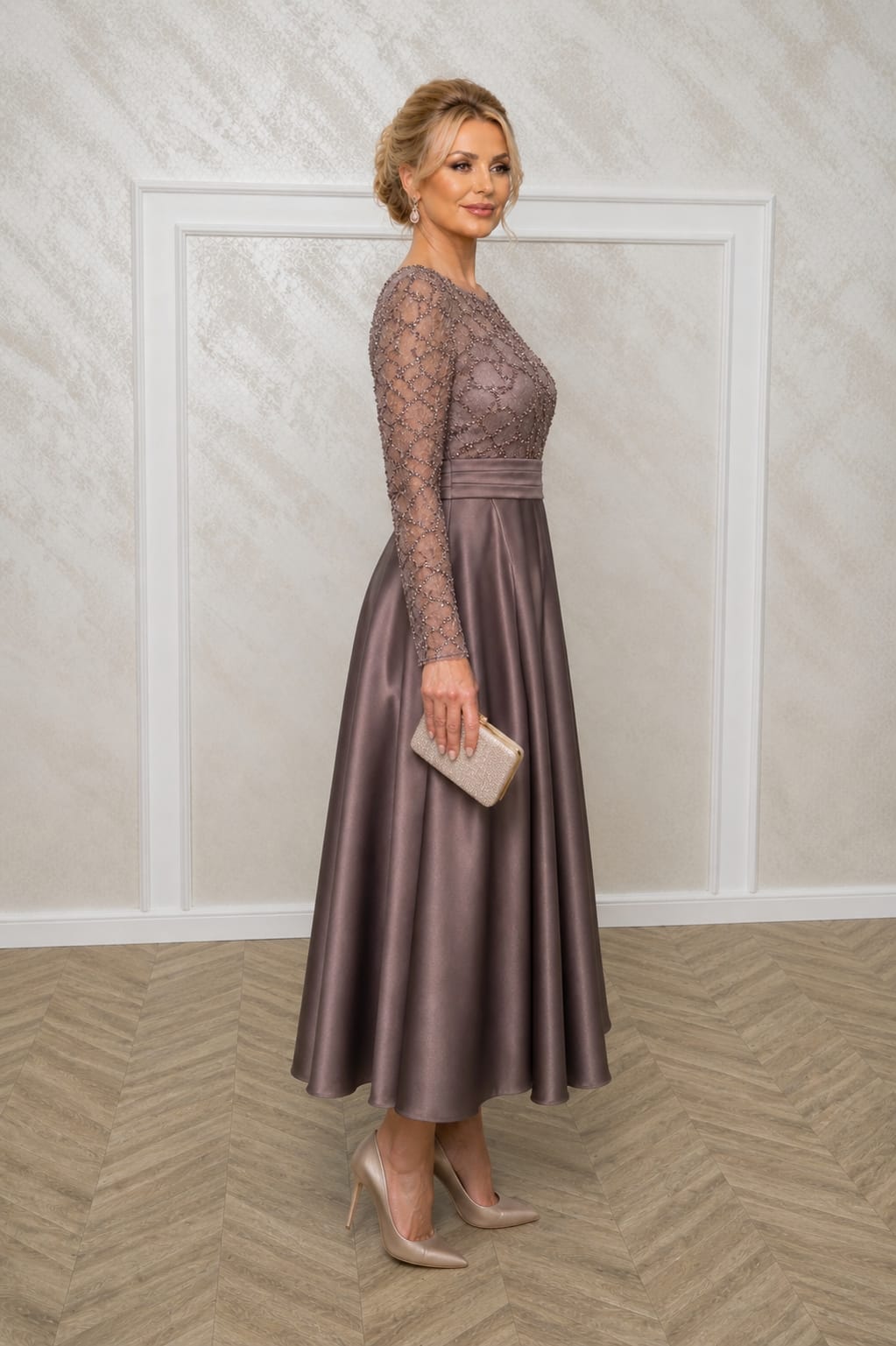 Rochia Dixi - rochie eleganta lungime midi cu maneci disponibila in 3 nuante