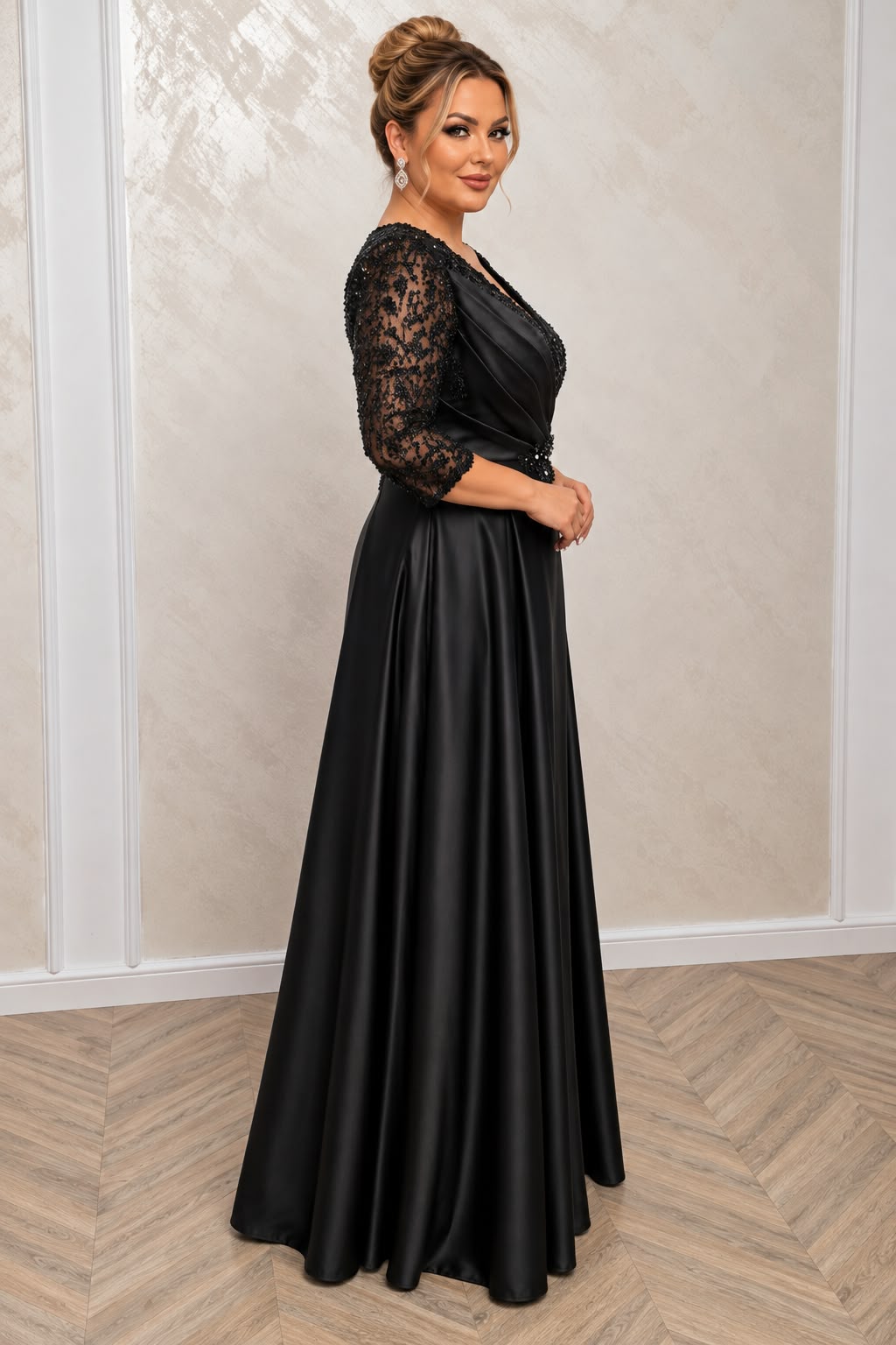 Rochia Lucia – Rochie lunga din satin cu dantela paietata si slit elegant pe picior