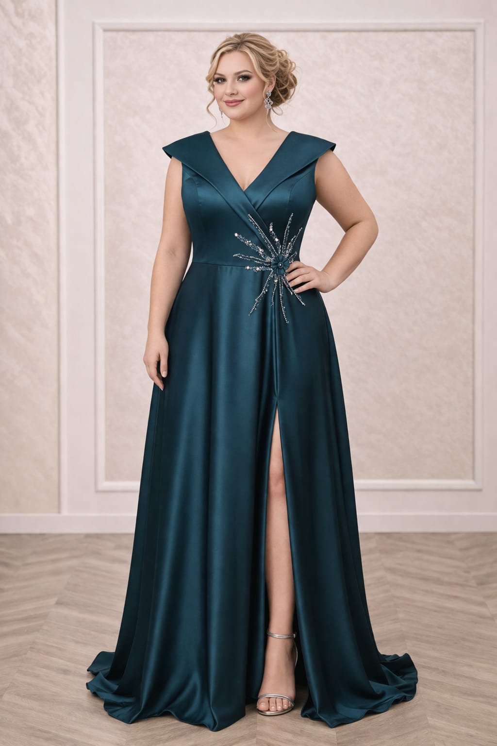Rochia Lorena – Rochie eleganta lunga in nuante capuccino , negru , turcoaz din satin cu slit pe picior