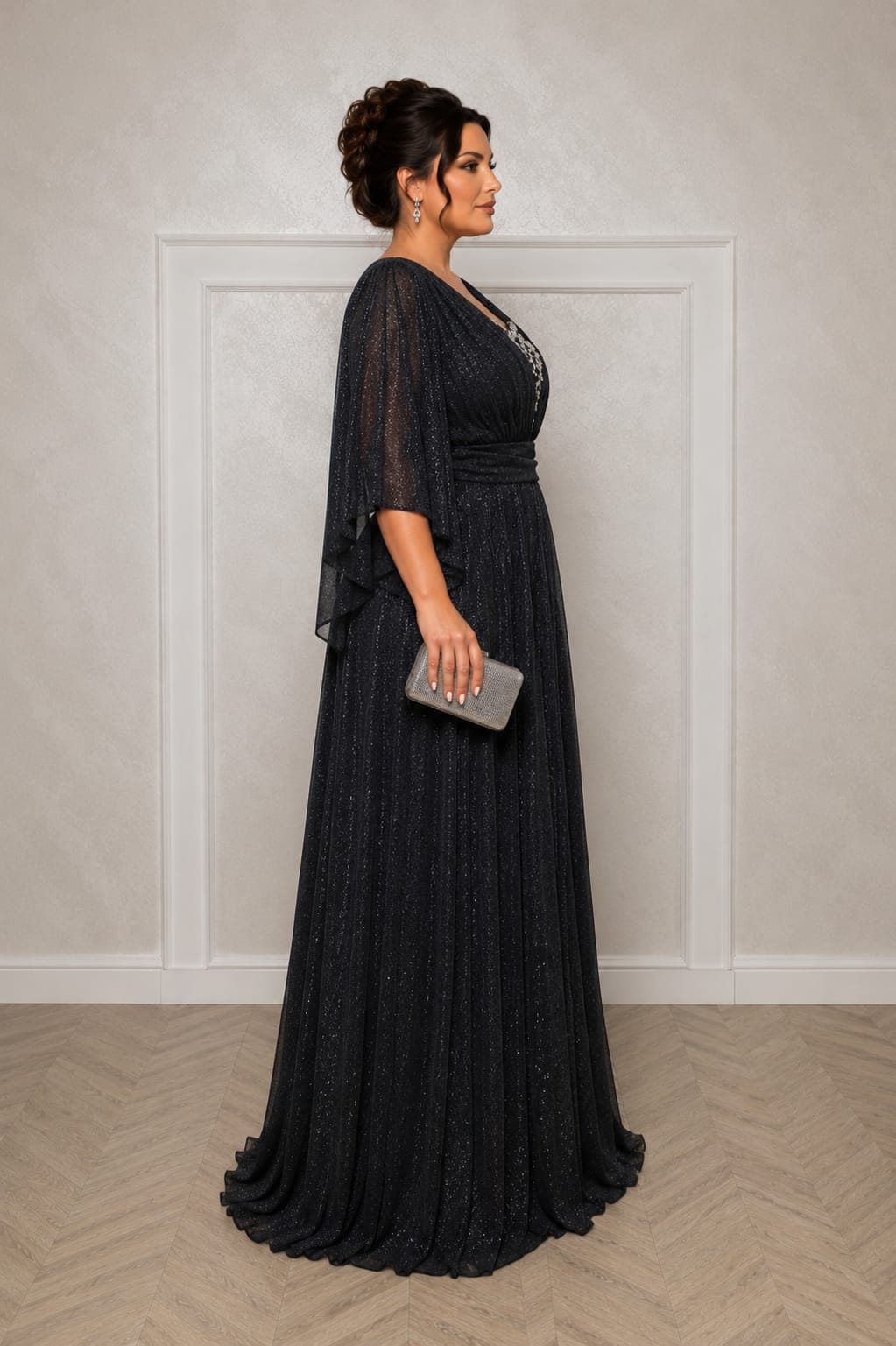 Rochie Bella Nou -Din voal sclipitor cu maneci fluide croi care subtiaza silueta nuante diferite