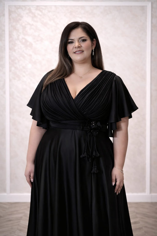 Rochia Gloria – Rochie neagra eleganta de seara din satin premium, simpla