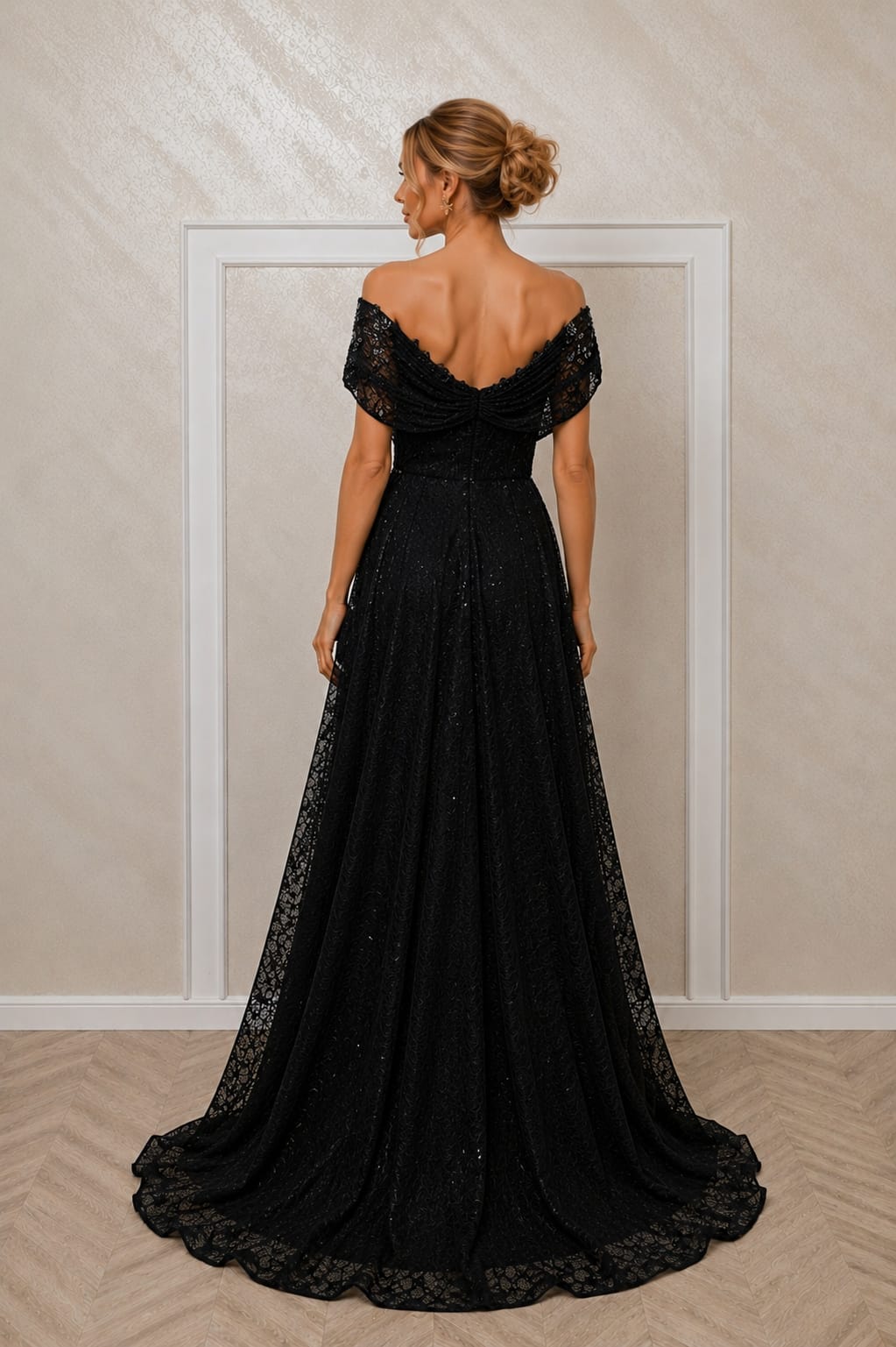 Rochia Dantele - Rochie de ocazie roz pudra / negru – eleganta atemporala din dantela cu Bretele Off Shoulder