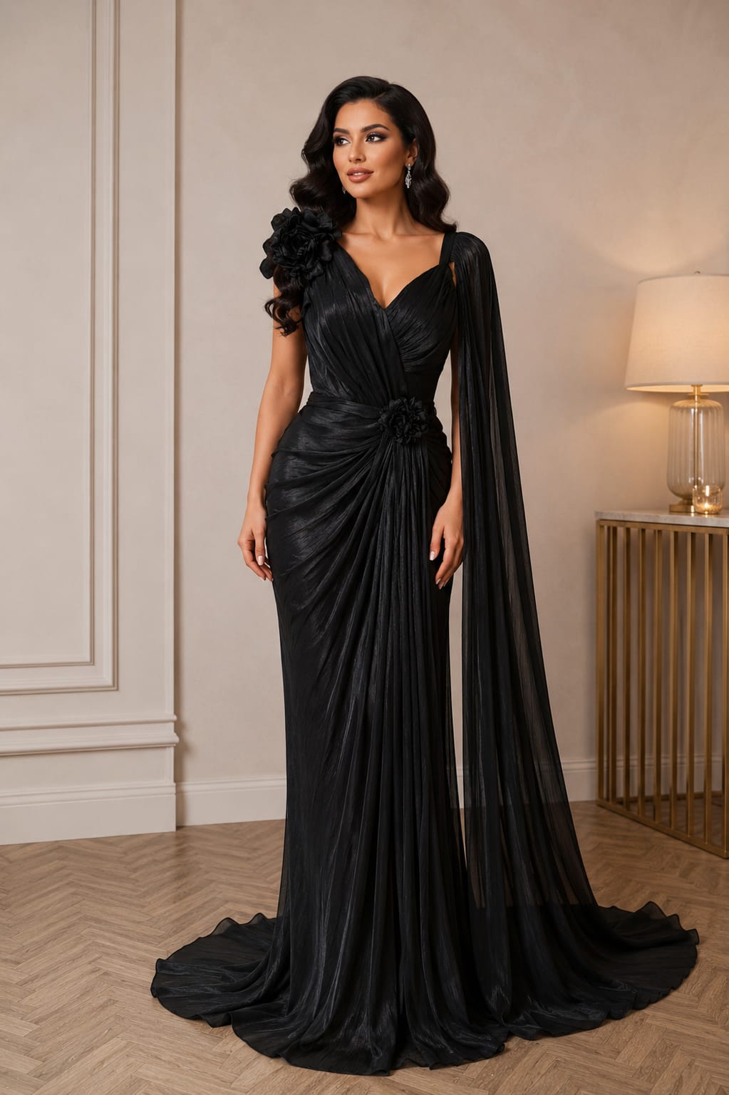Rochia Black Opera -rochie neagra lunga din matase artificiala cu esarfa supradimensionata