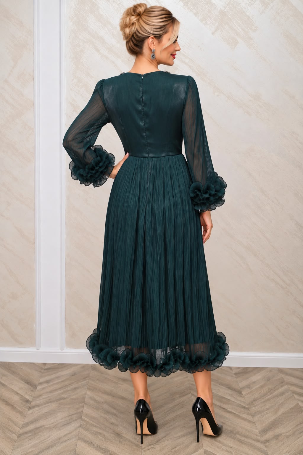 Rochie Nama midi verde petrol din matase organica